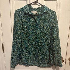 LOFT Women's Blue and Green Patterned Button Down Shirt